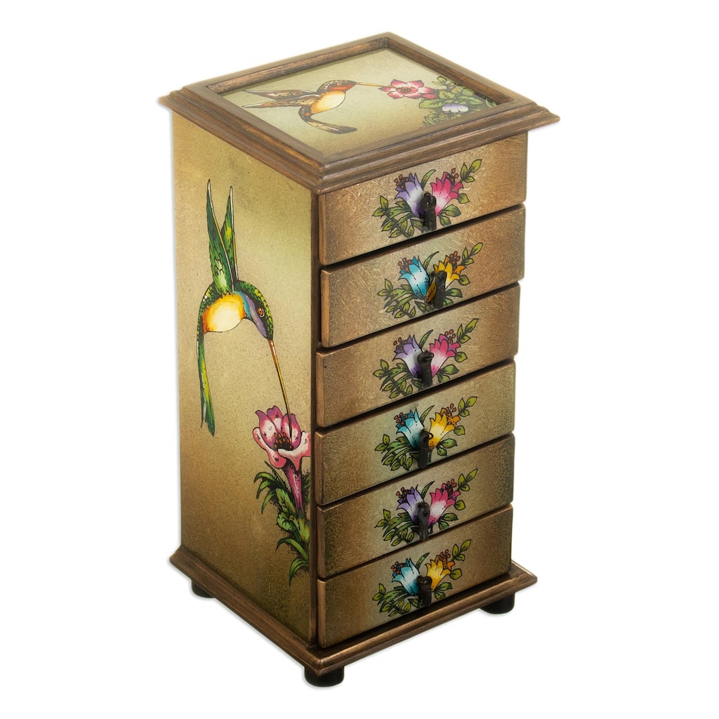 Novica Handmade Flying Hummingbirds Reverse Painted Glass Jewelry Box