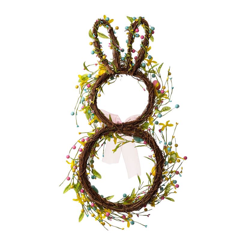 Glitzhome Easter Bunny Shaped Wreath with Eggs Satin Ribbon Bow Basket
