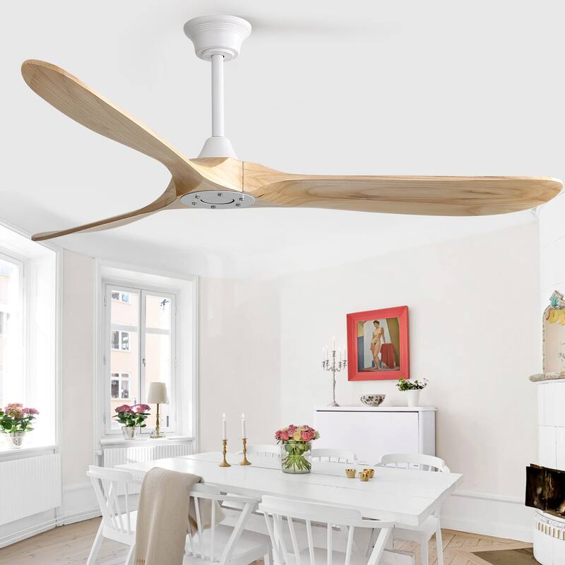 Solid Wood Ceiling Fans Without Light, 60 Inch Noiseless White Ceiling