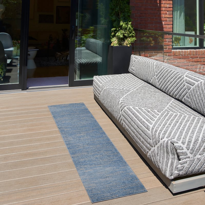 Nourison Essentials Solid Contemporary Indoor/Outdoor Area Rug - 2' x 6' Runner - Blue/Grey