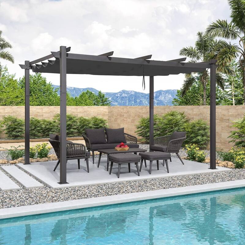 PURPLE LEAF Gazebo Outdoor Retractable Modern Yard Metal Grape Trellis Pergola with Canopy. - 10ft x 13ft - Grey