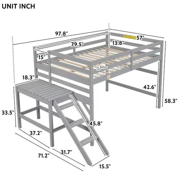 dimension image slide 1 of 2, Full Size Wood Loft Bed with Platform and Ladder