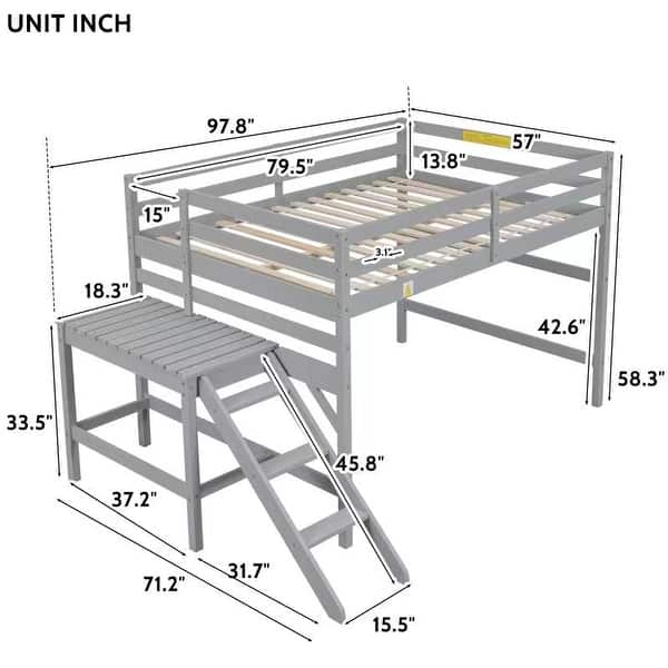 Gray Full Pine Loft Bed with Platform & Ladder