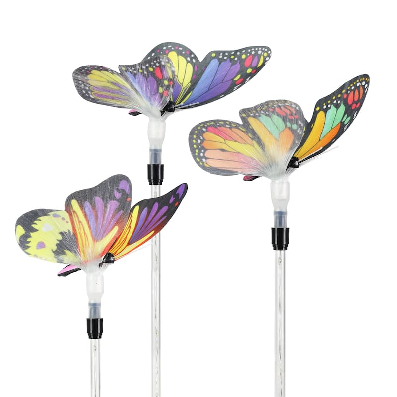 Exhart Solar Fiber Optic Color Changing Butterfly Garden Stake Set of 3 with LED Stake, 5 by 30 Inches