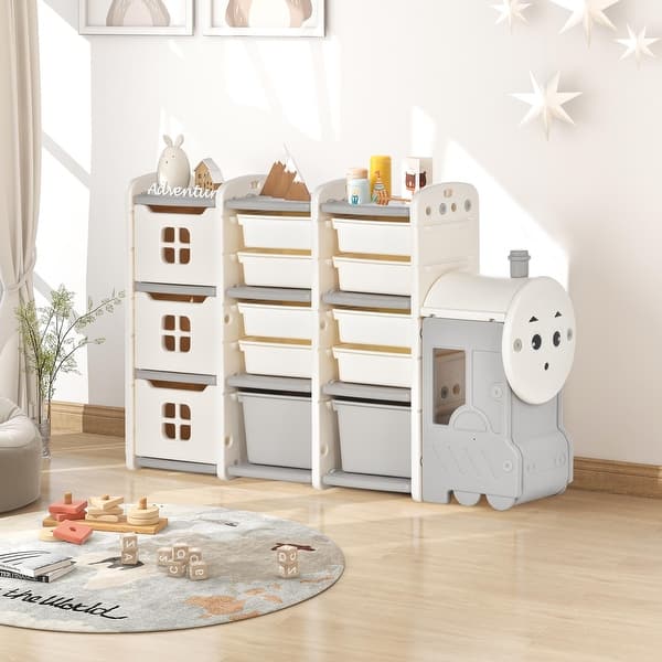 Kids Toy Storage Organizer Bin with 13 Bins and Cabinets - Bed