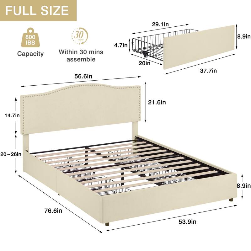 VECELO Upholstered Bed Frame with 4 Storage Drawers Full Queen Heavy Duty Platform with Adjustable Linen Headboard
