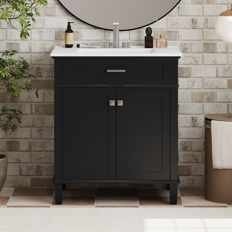 30'' Bathroom Vanity with Ceramic Sink Top, Freestanding Bathroom Vanity Cabinet with 2 Soft Close Doors and Adjustable Shelves