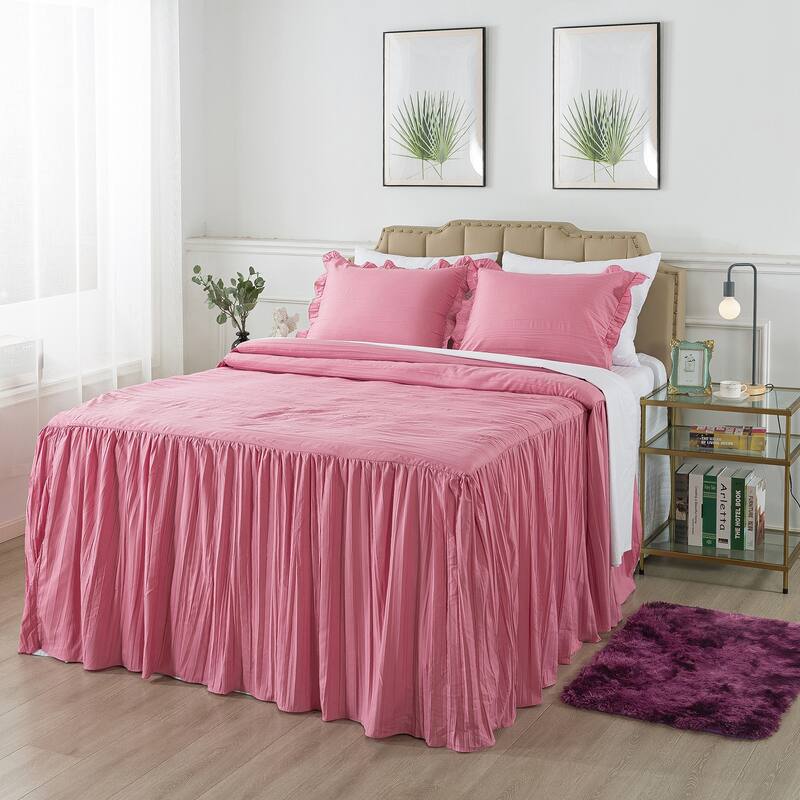 Pleated Ruffle Skirt Bedspread with a Rug - Woodrose - Queen