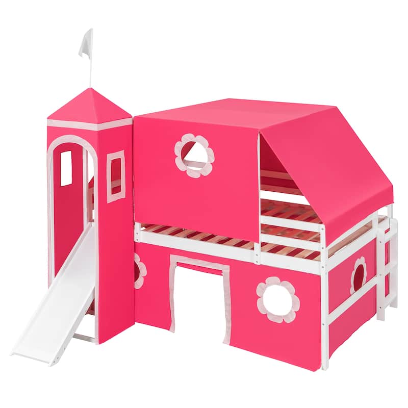 Kids Loft Bed Bed Castle-Shaped Bunk Bed with Slide and Safety Guardrail, Playhouse Bed with Tent & Tower Decor for Kids