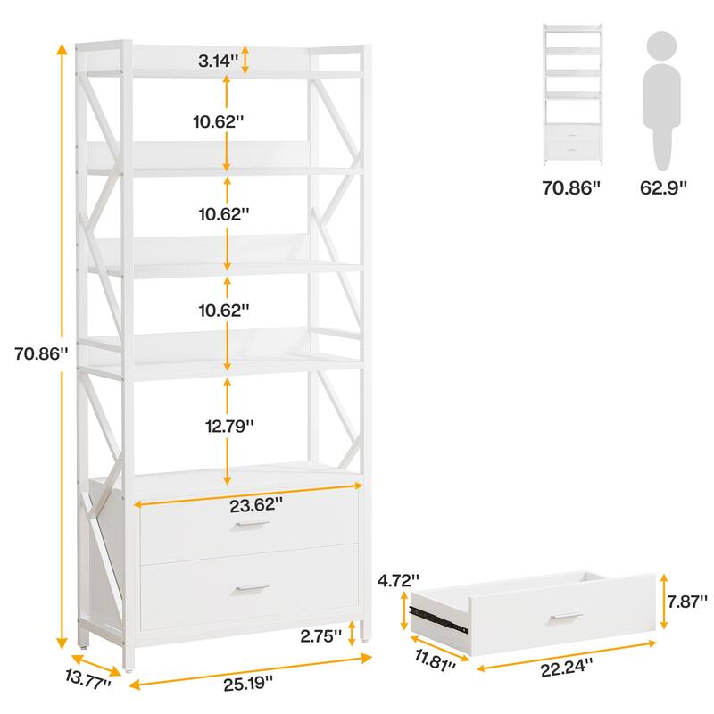 5 Shelf Bookcase 70.86 Inch Industrial Bookshelf with 2 Drawers,