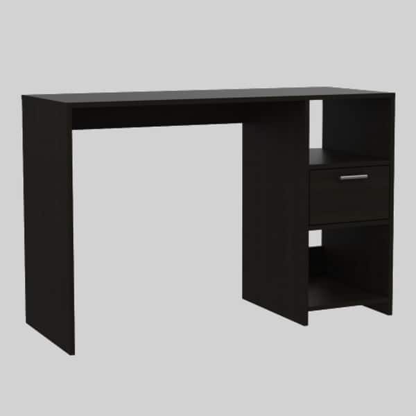 slide 2 of 3, Compact Office Desk with Drawer and Two Open Shelves, 43" Wide Workstation Black