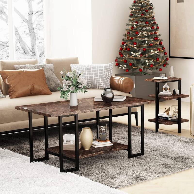 3 Pieces Faux Marble Coffee Table Set with 1 Coffee Table and 2 End Tables, Modern Sofa Side Table with Shelf, Cocktail Table
