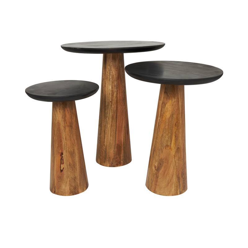 Brown Mango Wood Handmade Cone Shaped Accent Table with Black Tabletops (Set of 3)