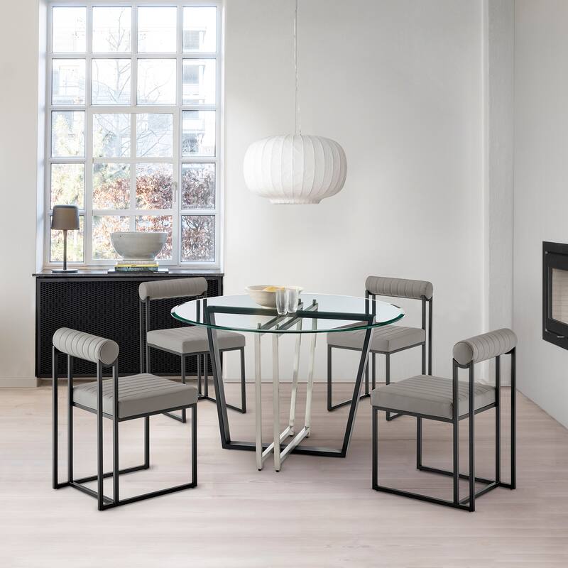 Devi Anastasia 5 Piece Round Glass Dining Table Set with Metal Frame and Upholstered Chairs - Light Gray Faux Leather/Black