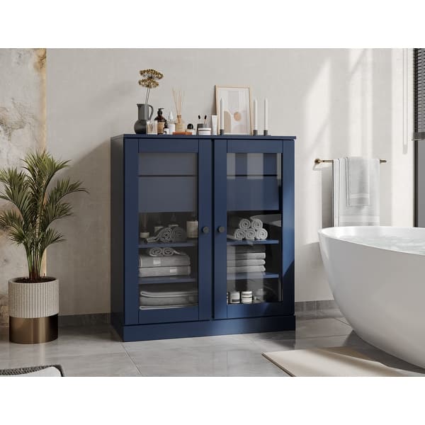 slide 2 of 49, Palace Imports 100% Solid Wood Short Clear Glass Bathroom Storage Cabinet with 2 Drawers, 32" W x 35.75" H Navy