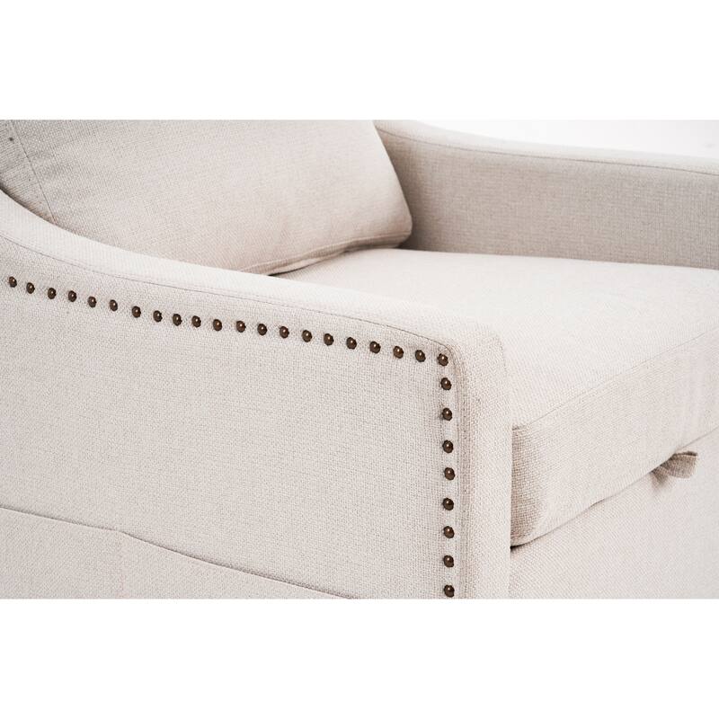 Linen Upholstered Swivel Accent Chair, Ergonomic Single Sofa Chair, Lounge Reading Chair with Nailhead Decor & Metal Base