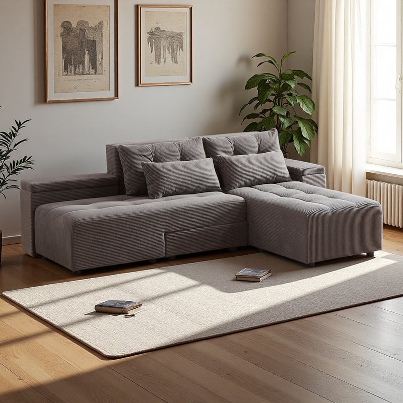 94" Corduroy 3-in-1 Convertible Sectional Sofa with 4 Storage Spaces and 4 Pillows - Grey