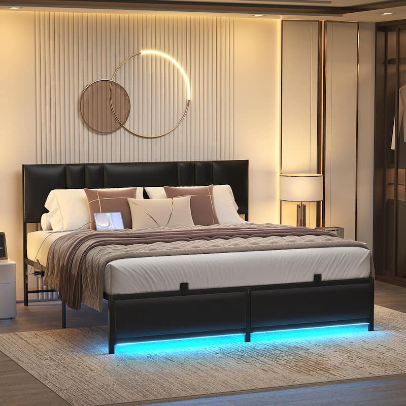 Platform Bed Frame with Ajustable Upholstered Headboard, Bed with USB Port and Charge Station