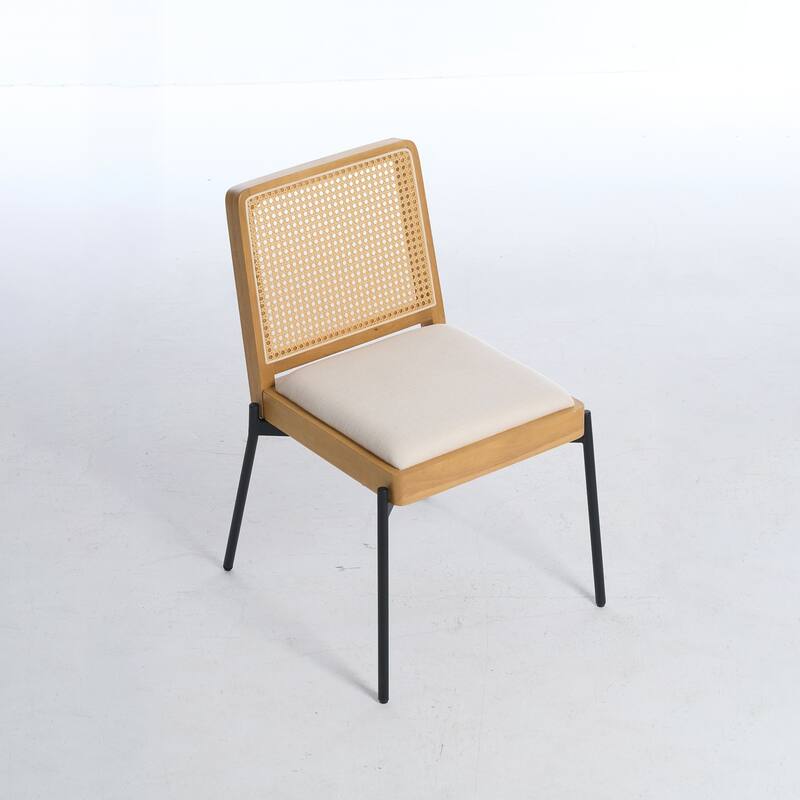Accent Linen Dining Chairs with Rattan Backrest,Set of 2