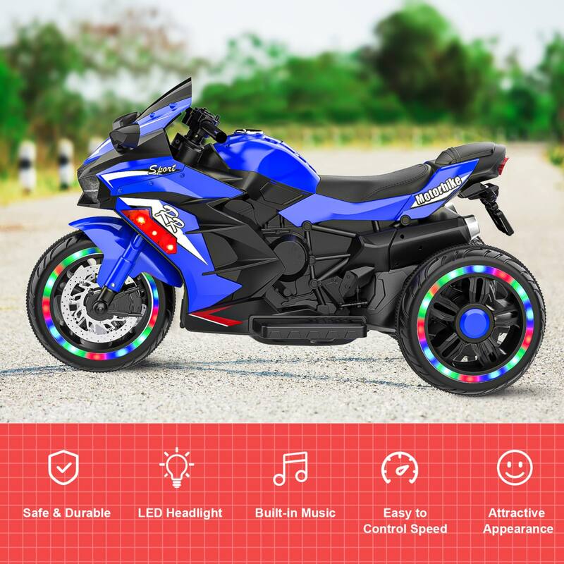 Electric Ride-On Motorcycle for Kids 3-6 Years Old, 12V, USB, MP3, LED Lights & Shock Absorbers