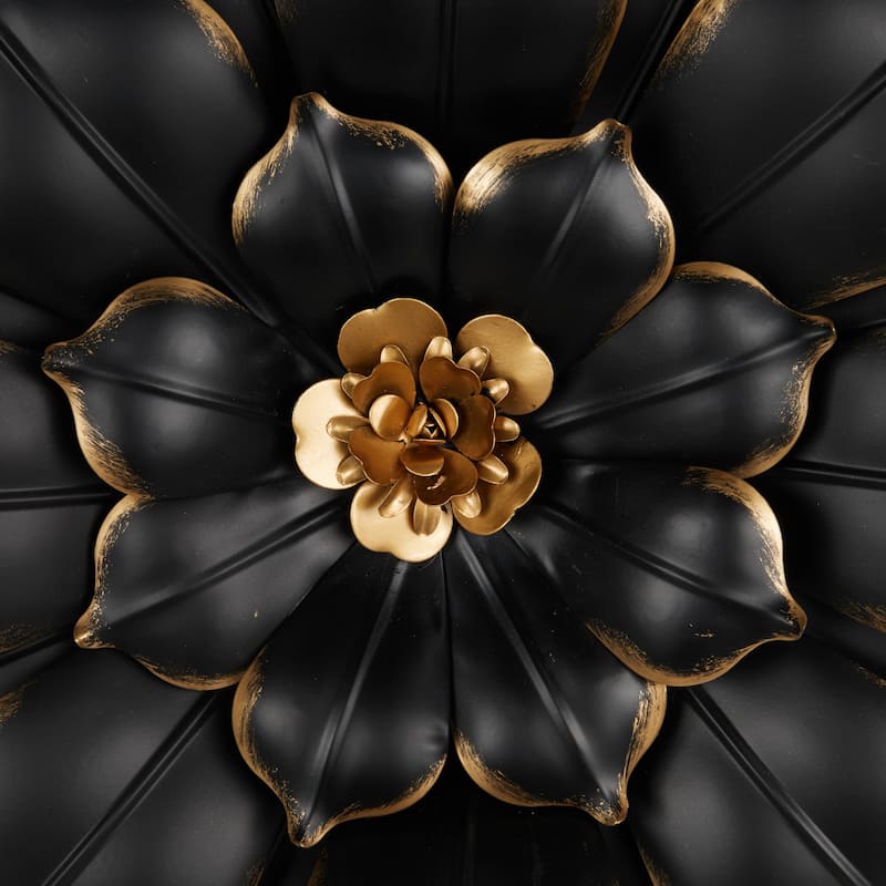Metal Floral 3D Wall Decor with Gold Center - Set of 3 Black - Roche River Decor