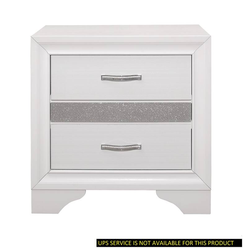 Glamorous Nightstand with Hidden Jewelry Drawer, White Finish, Silver Glitter