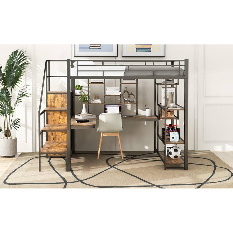 Full Size Metal Loft Bed with Storage Staircase and Small Wardrobe, Built-in Desk and Storage Shelves