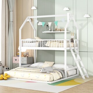 White Twin over Twin-Twin House Bunk Bed with Extending Trundle and Ladder