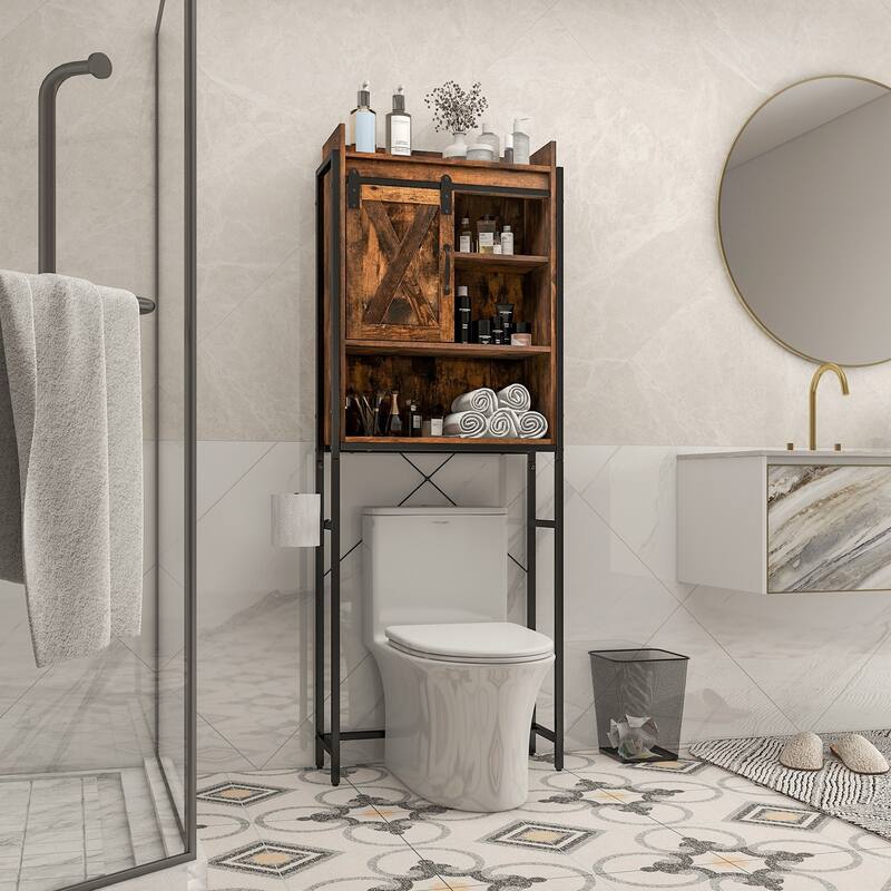 4-Tier Over Toilet Storage Cabinet with Adjustable Shelves and Sliding Door for Bathroom Organization - 25"W x 9.5"D x 67.5"H - Rustic Brown