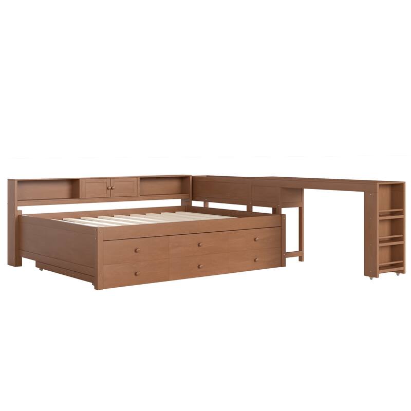 Full/Twin Daybed with Trundle & Storage Drawers - Wood Frame with Side Shelves and Desk