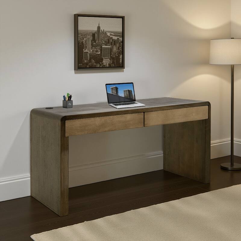 Esis Writing Desk, 2 Drawers, USB Ports, Dark Brown Mango Wood 60 Inch