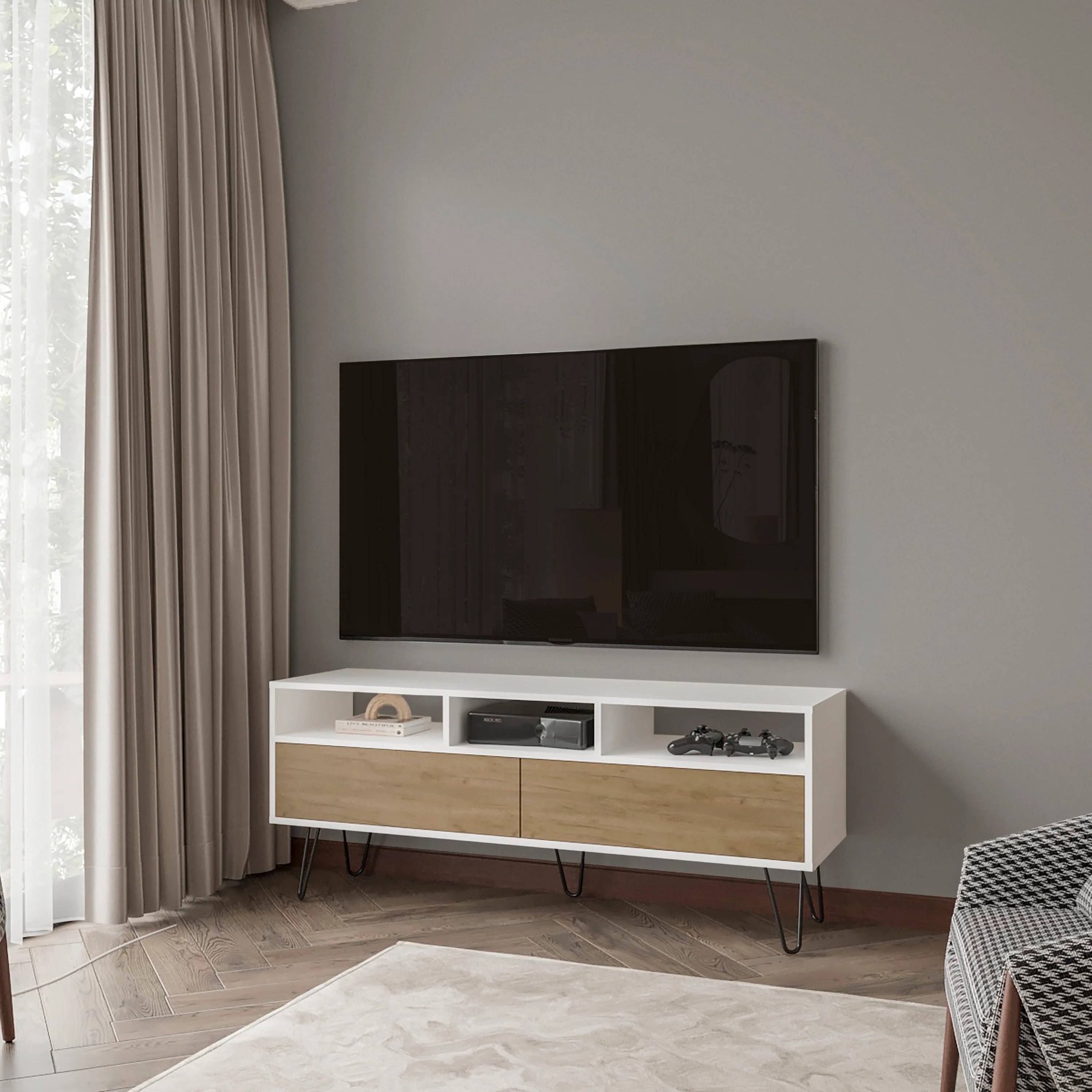 White and Natural Oak TV Stand with 2 Doors and Open Storage for TVs up to 60", 21.8"H x 53.9"W x 15.4"D