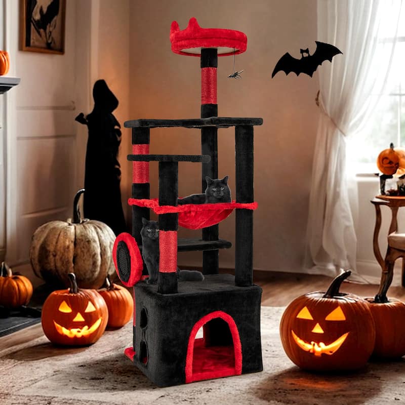 Black and Red Gothic Cat Tree Tower with Condo Perch Hammock and Scratching Posts - 52"