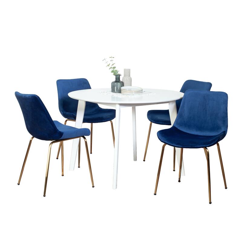 Modern Style Dining Set with Round Table and Velvet Upholstered Chairs - 5-Piece Sets - White+Blue