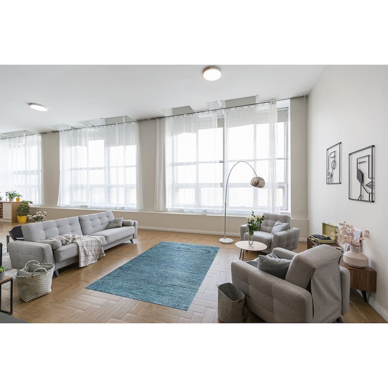 Hand-Knotted Natural Silk Blue Mix Contemporary Natural Silk Grass Design Rug - 10' x 14'