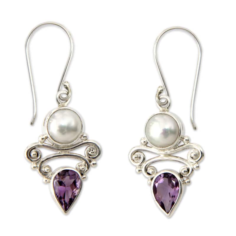 Handmade Silver 'Guardian Moon' Pearl Amethyst Earrings (8.5 mm) (Indonesia) - Amethyst - Purple - White - Purple