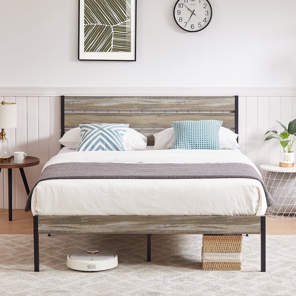 Javlergo Platform Bed Frame with Wood Headboard, Strong Metal Slats Support No Box Spring Needed