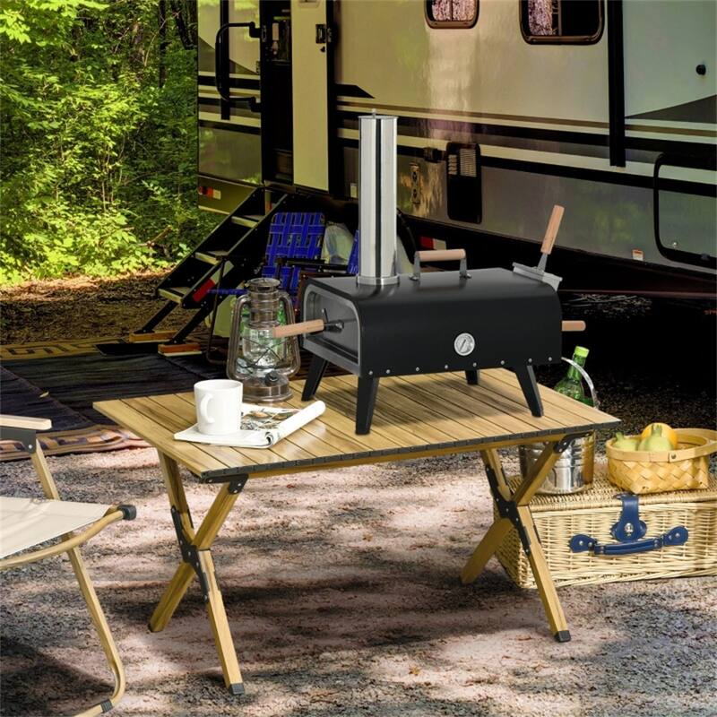 Portable Pellet Pizza Oven with Cordierite Stone Thermometer and Foldable Legs for Outdoor Cooking - 32" L x 15.75" W x 28.25" H