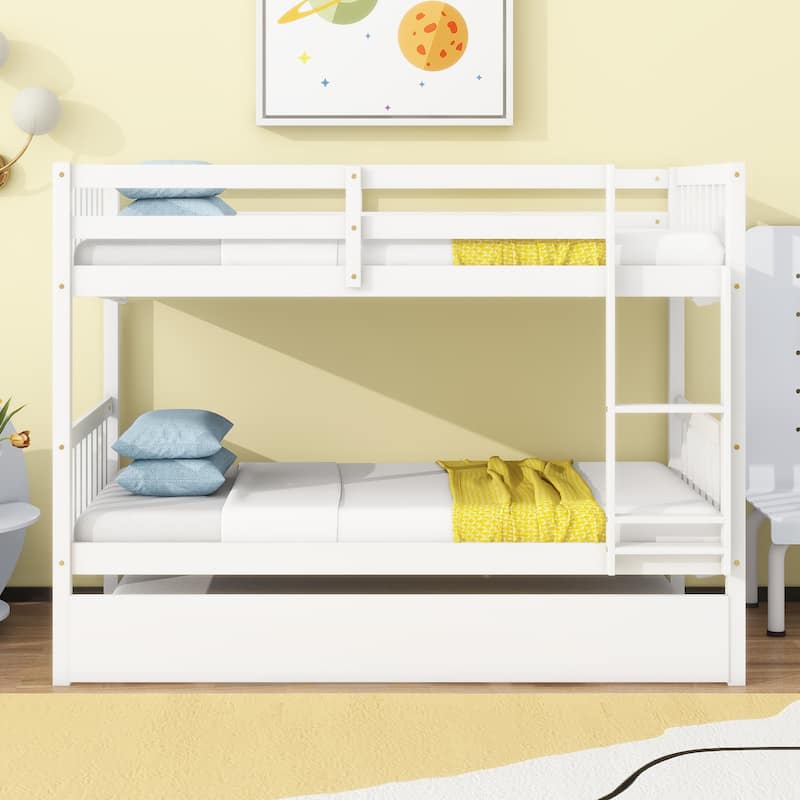 Convertible Twin Over Twin Bunk Bed with Trundle, White Rubber Wood, Safety Guardrails, and Ladder