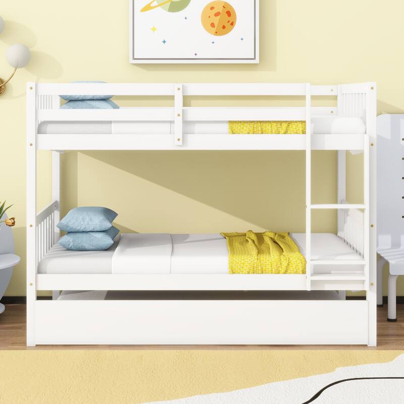 Roomfitters Twin Over Twin Rubber Wood Bunk Bed with Trundle, Convertible to Two Twin Beds, Ladder and Guardrails