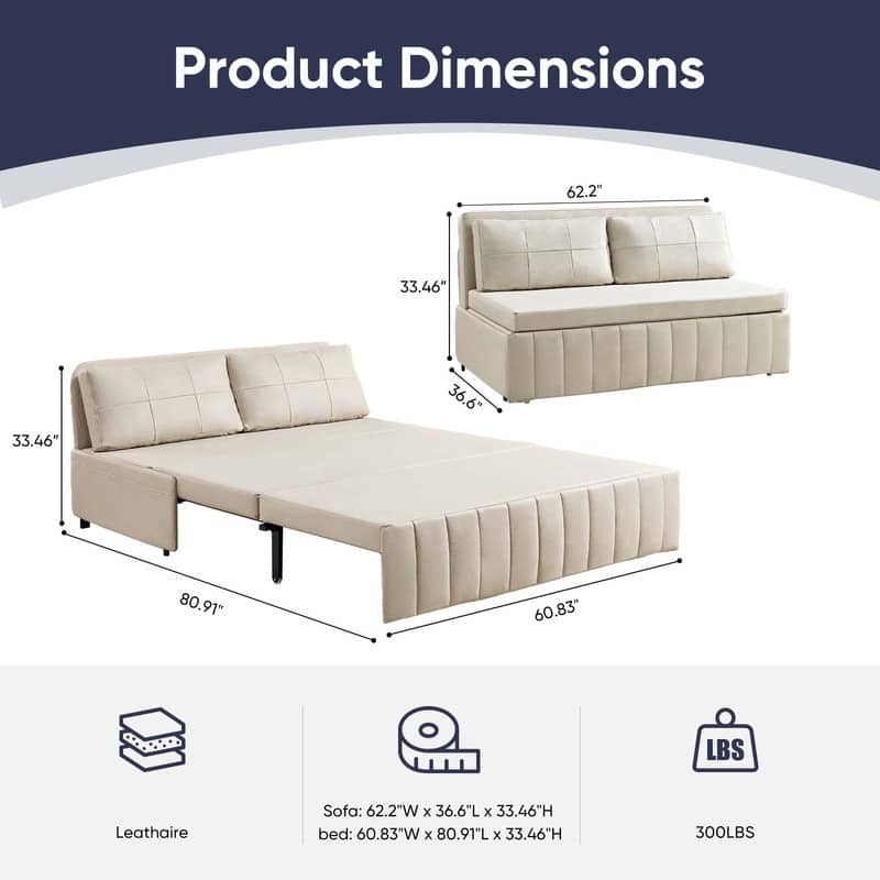 Mixoy Modern 62''Pull Out Sofa Bed,3-in-1 Pull Out Leathaire Fabric Sleeper Sofa Couch,Chaise Lounge,living room furniture