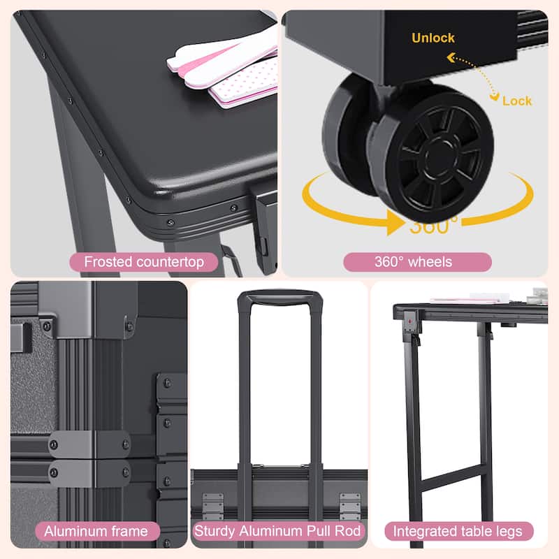 Roomfitters Portable Nail Table with LED Mirror, Lockable Drawers and Bluetooth, Folding Manicure Station on Wheels, Black