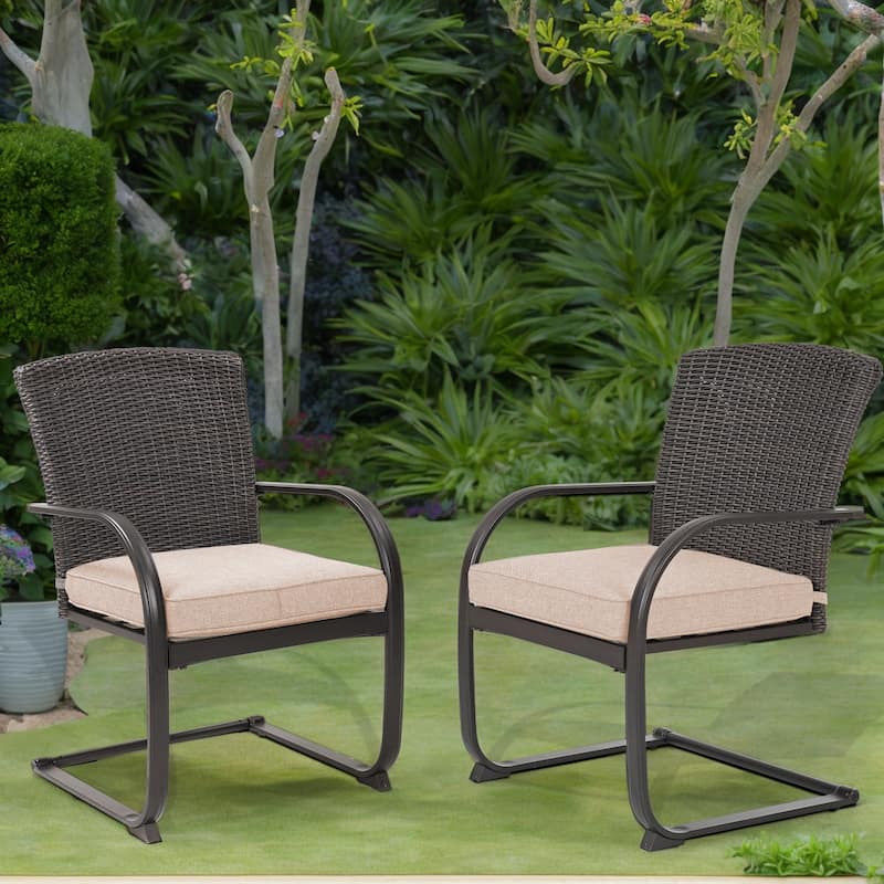 Patio 2 Piece Outdoor Wicker Dining Chairs, All-Weather Spring Patio Furniture with Cushions for Garden Pool Backyard Lawn - Beige