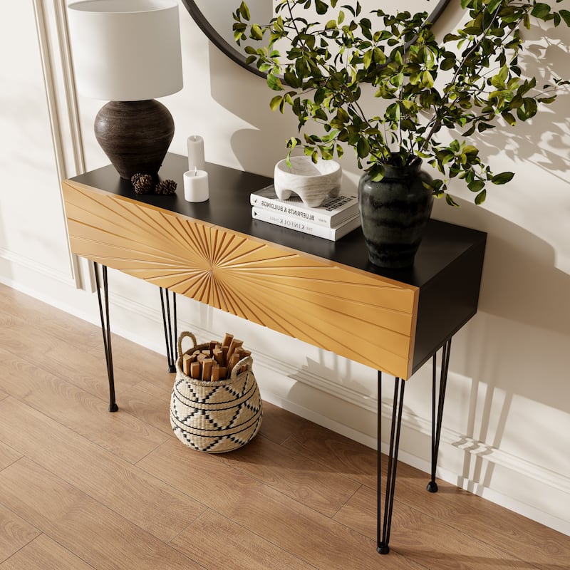 Wood Console Table with Radial Sunburst Drawers, Sofa Table with Soft-Close Storage, Entryway Accent Table with Open Shelf - Black+Gold