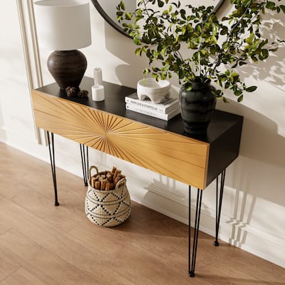 Wood Console Table with Radial Sunburst Drawers, Sofa Table with Soft-Close Storage, Entryway Accent Table with Open Shelf