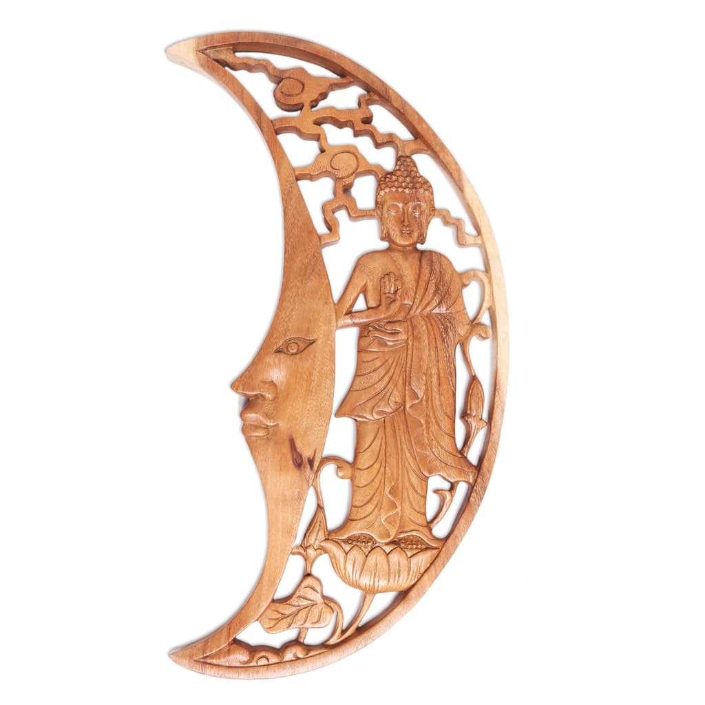 Novica Handmade Buddha Moon Wood Relief Panel