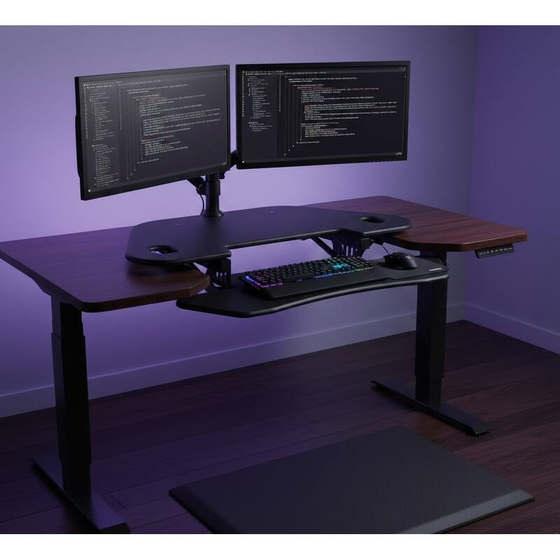 Rocelco 37.5 in. W Gray Height Adjustable Standing Desk Converter with Anti Fatigue Mat and Dual Monitor Riser Platform