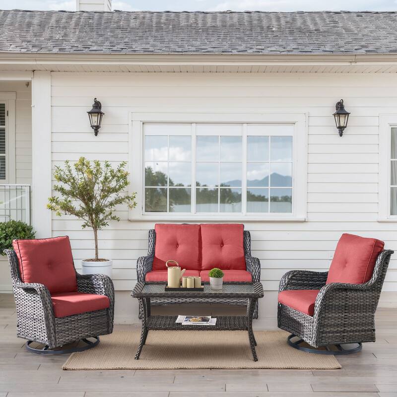 Outdoor Swivel Chairs with Loveseat Coffee Table - Grey - Red