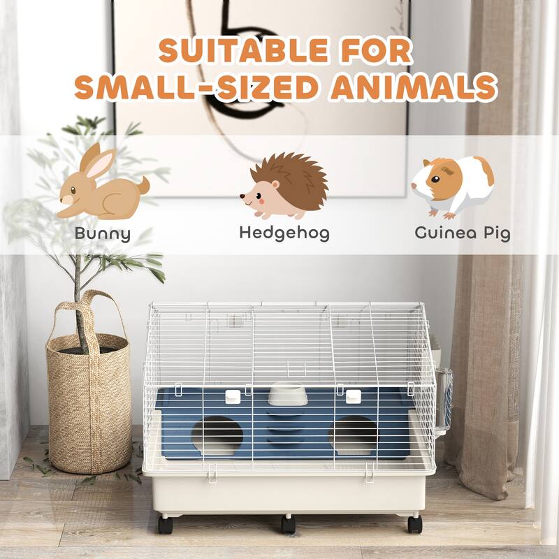 PawHut Small Animal Cage, Rolling Guinea Pig Cage with Water Bottle, Hay Feeder, Food Dish, Ramp, White