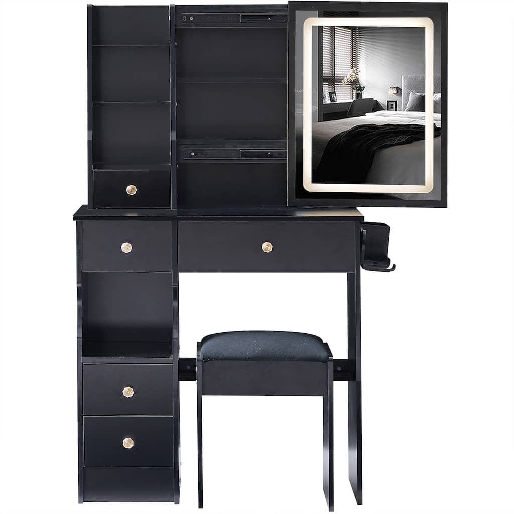 29.2" Small Size Left Drawer Desktop Vanity Table + Cushioned Stool, 2 AC+2 USB Power Station, Hair dryer bracket